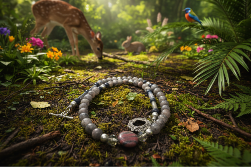 Gorgeous Natural Red Sesame, Black Lace Marble, and Crystal, semi-precious, One-of-a-Kind, Beaded Necklace-handcrafted by Artistry Jewelry