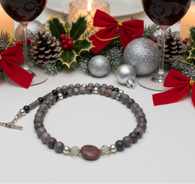 Gorgeous Natural Red Sesame, Black Lace Marble, and Crystal, semi-precious, One-of-a-Kind, Beaded Necklace-handcrafted by Artistry Jewelry