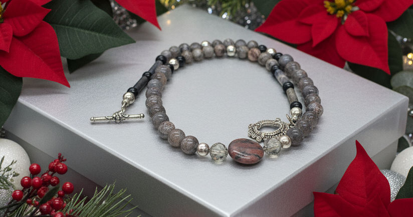 Gorgeous Natural Red Sesame, Black Lace Marble, and Crystal, semi-precious, One-of-a-Kind, Beaded Necklace-handcrafted by Artistry Jewelry