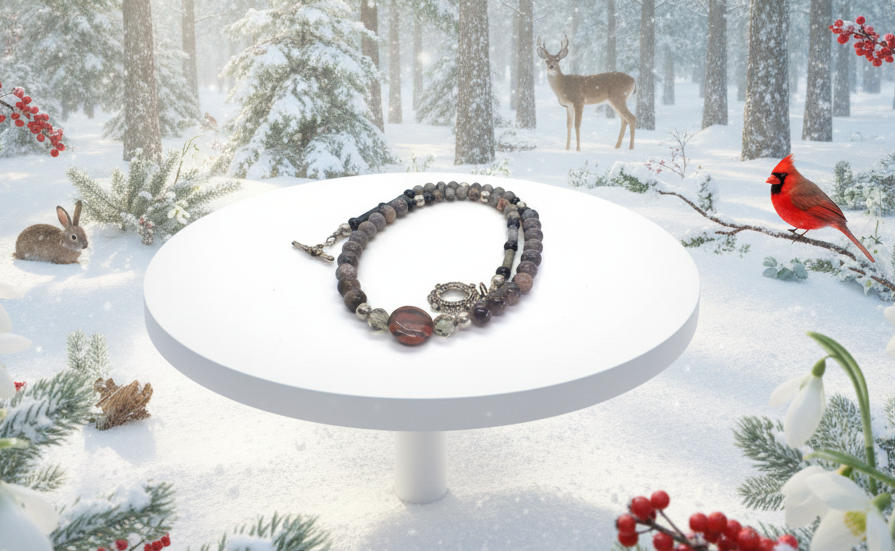 Gorgeous Natural Red Sesame, Black Lace Marble, and Crystal, semi-precious, One-of-a-Kind, Beaded Necklace-handcrafted by Artistry Jewelry