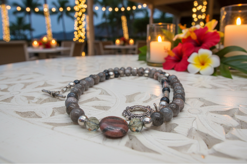 Gorgeous Natural Red Sesame, Black Lace Marble, and Crystal, semi-precious, One-of-a-Kind, Beaded Necklace-handcrafted by Artistry Jewelry