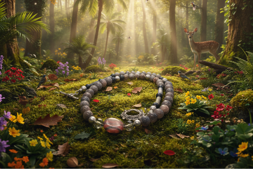 Gorgeous Natural Red Sesame, Black Lace Marble, and Crystal, semi-precious, One-of-a-Kind, Beaded Necklace-handcrafted by Artistry Jewelry