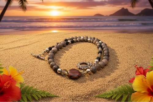 Gorgeous Natural Red Sesame, Black Lace Marble, and Crystal, semi-precious, One-of-a-Kind, Beaded Necklace-handcrafted by Artistry Jewelry