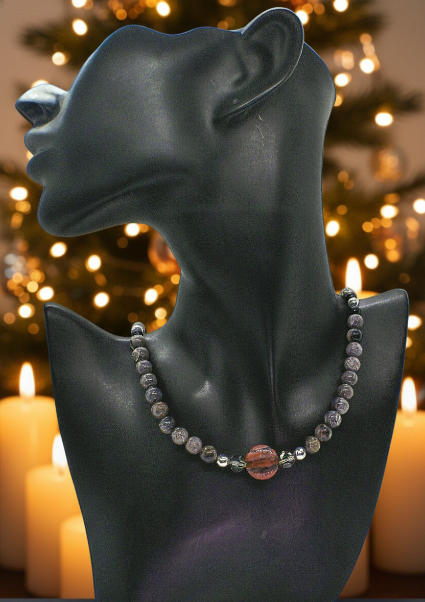 Gorgeous Natural Red Sesame, Black Lace Marble, and Crystal, semi-precious, One-of-a-Kind, Beaded Necklace-handcrafted by Artistry Jewelry