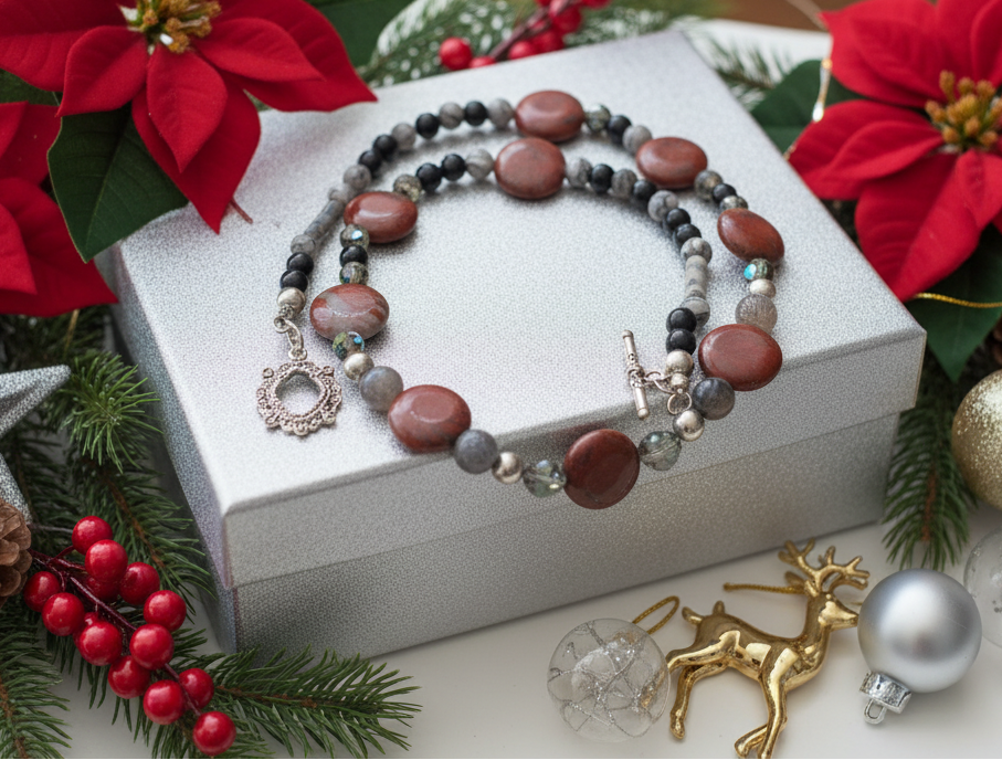 Gorgeous Red Sesame Jasper, Black Lace Marble and Crystal, Semi-precious, One-of-a-Kind, Beaded Necklace B-handcrafted by Artistry Jewelry