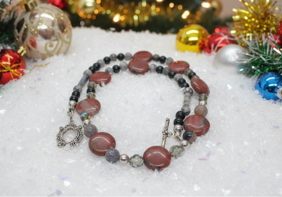Gorgeous Red Sesame Jasper, Black Lace Marble and Crystal, Semi-precious, One-of-a-Kind, Beaded Necklace B-handcrafted by Artistry Jewelry