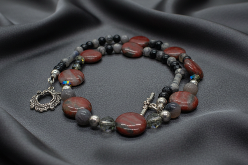 Gorgeous Red Sesame Jasper, Black Lace Marble and Crystal, Semi-precious, One-of-a-Kind, Beaded Necklace B-handcrafted by Artistry Jewelry