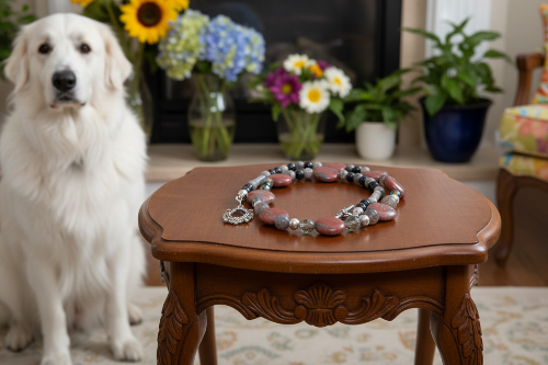 Gorgeous Red Sesame Jasper, Black Lace Marble and Crystal, Semi-precious, One-of-a-Kind, Beaded Necklace B-handcrafted by Artistry Jewelry