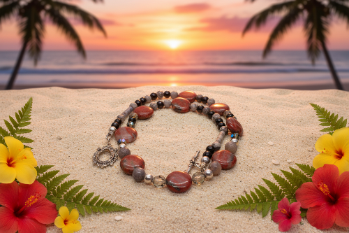 Gorgeous Red Sesame Jasper, Black Lace Marble and Crystal, Semi-precious, One-of-a-Kind, Beaded Necklace B-handcrafted by Artistry Jewelry
