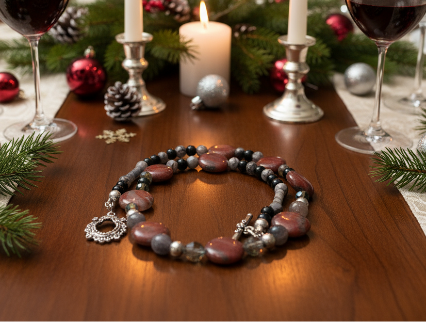 Gorgeous Red Sesame Jasper, Black Lace Marble and Crystal, Semi-precious, One-of-a-Kind, Beaded Necklace B-handcrafted by Artistry Jewelry