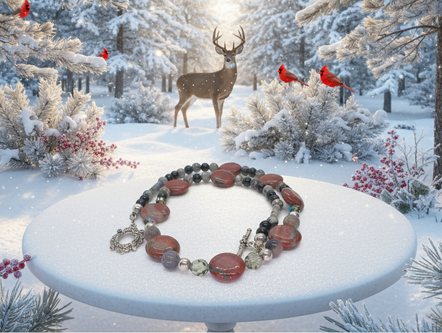 Gorgeous Red Sesame Jasper, Black Lace Marble and Crystal, Semi-precious, One-of-a-Kind, Beaded Necklace B-handcrafted by Artistry Jewelry