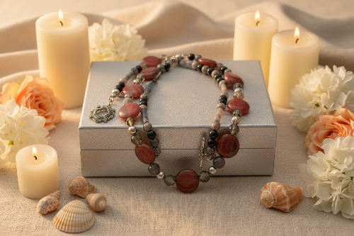 Gorgeous Red Sesame Jasper, Black Lace Marble and Crystal, Semi-precious, One-of-a-Kind, Beaded Necklace B-handcrafted by Artistry Jewelry