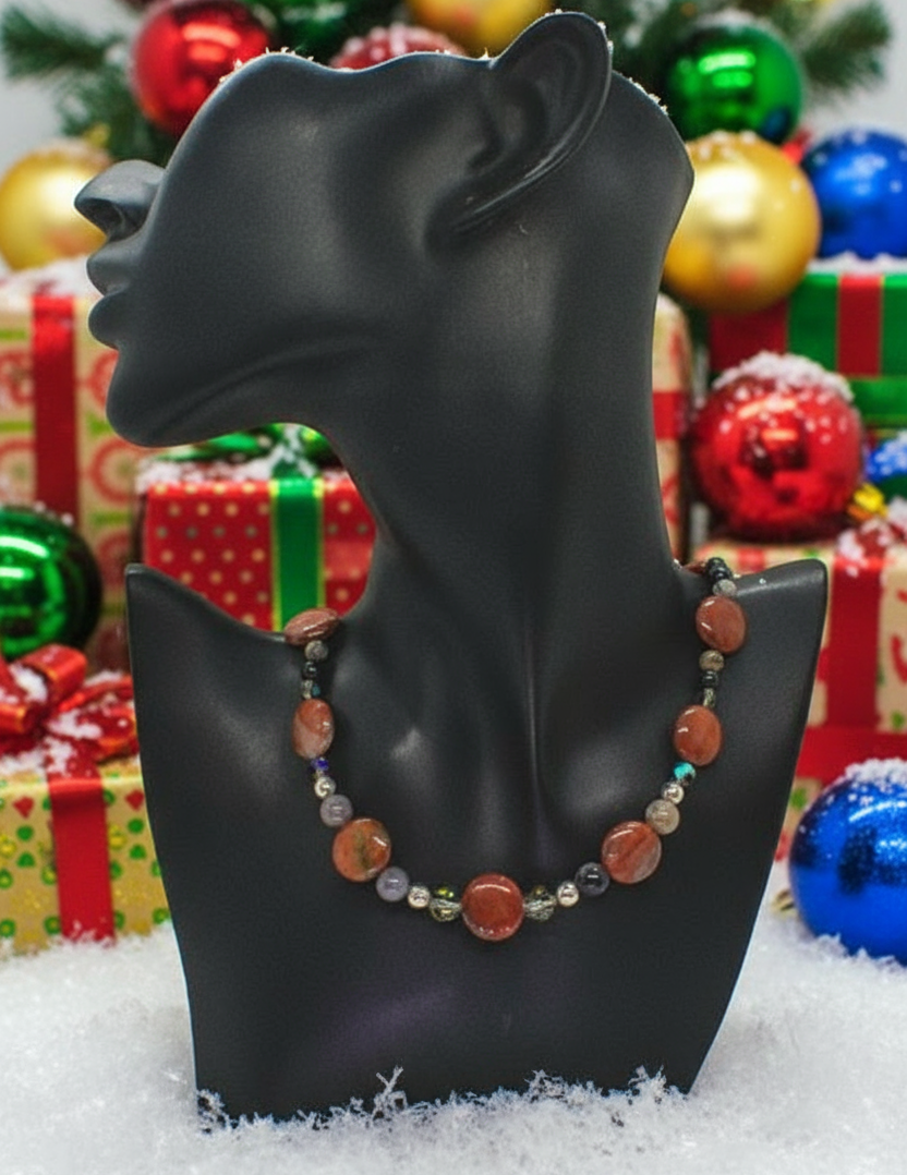 Gorgeous Red Sesame Jasper, Black Lace Marble and Crystal, Semi-precious, One-of-a-Kind, Beaded Necklace B-handcrafted by Artistry Jewelry