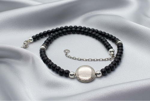 Exciting Black Satin Beads with Silver Hematite, One-of-a-Kind Necklace - hand crafted by Artistry Jewelry
