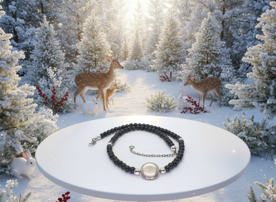 Exciting Black Satin Beads with Silver Hematite, One-of-a-Kind Necklace - hand crafted by Artistry Jewelry