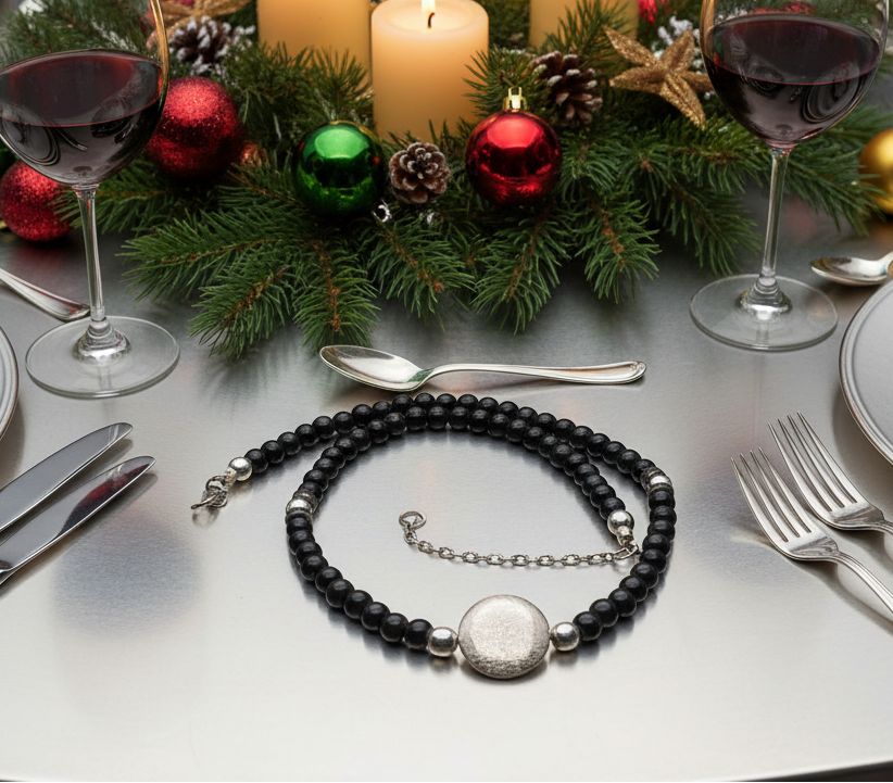 Exciting Black Satin Beads with Silver Hematite, One-of-a-Kind Necklace - hand crafted by Artistry Jewelry
