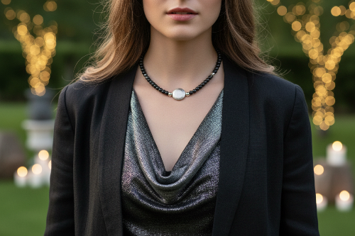 Exciting Black Satin Beads with Silver Hematite, One-of-a-Kind Necklace - hand crafted by Artistry Jewelry