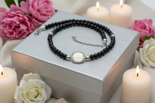 Exciting Black Satin Beads with Silver Hematite, One-of-a-Kind Necklace - hand crafted by Artistry Jewelry