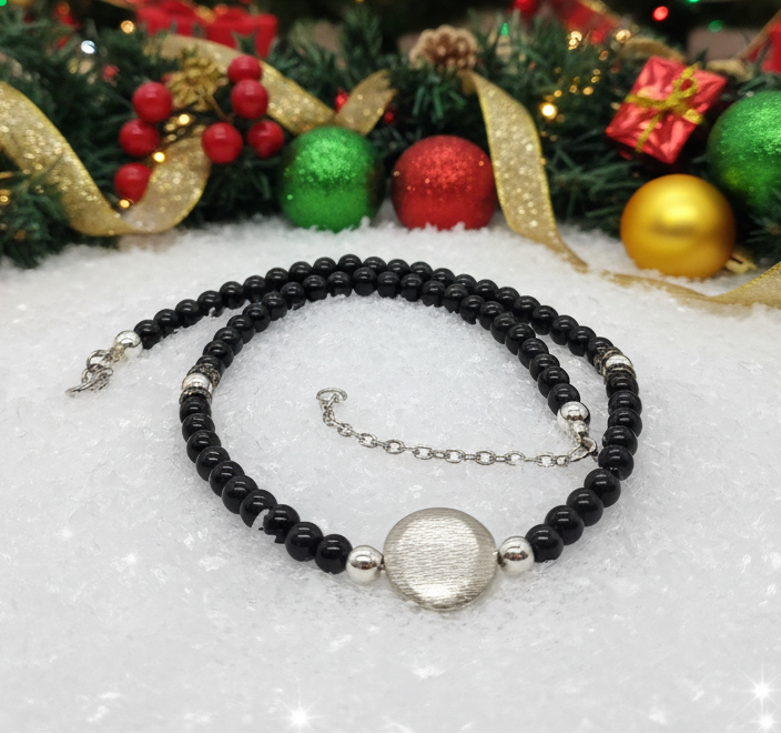 Exciting Black Satin Beads with Silver Hematite, One-of-a-Kind Necklace - hand crafted by Artistry Jewelry