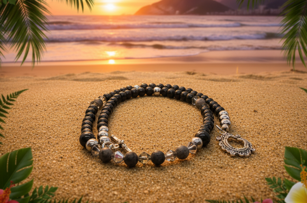 Fabulous Black & Gray Labrador, Black  Onyx and Black Diamond Crystals,_A Beaded Necklace