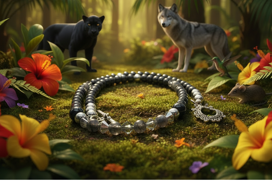 Fabulous Black & Gray Labrador, Black  Onyx and Black Diamond Crystals,_A Beaded Necklace