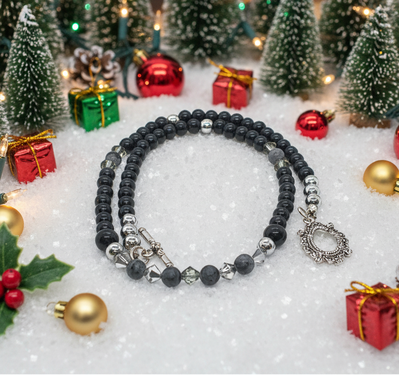 Fabulous Black & Gray Labrador, Black  Onyx and Black Diamond Crystals,_A Beaded Necklace