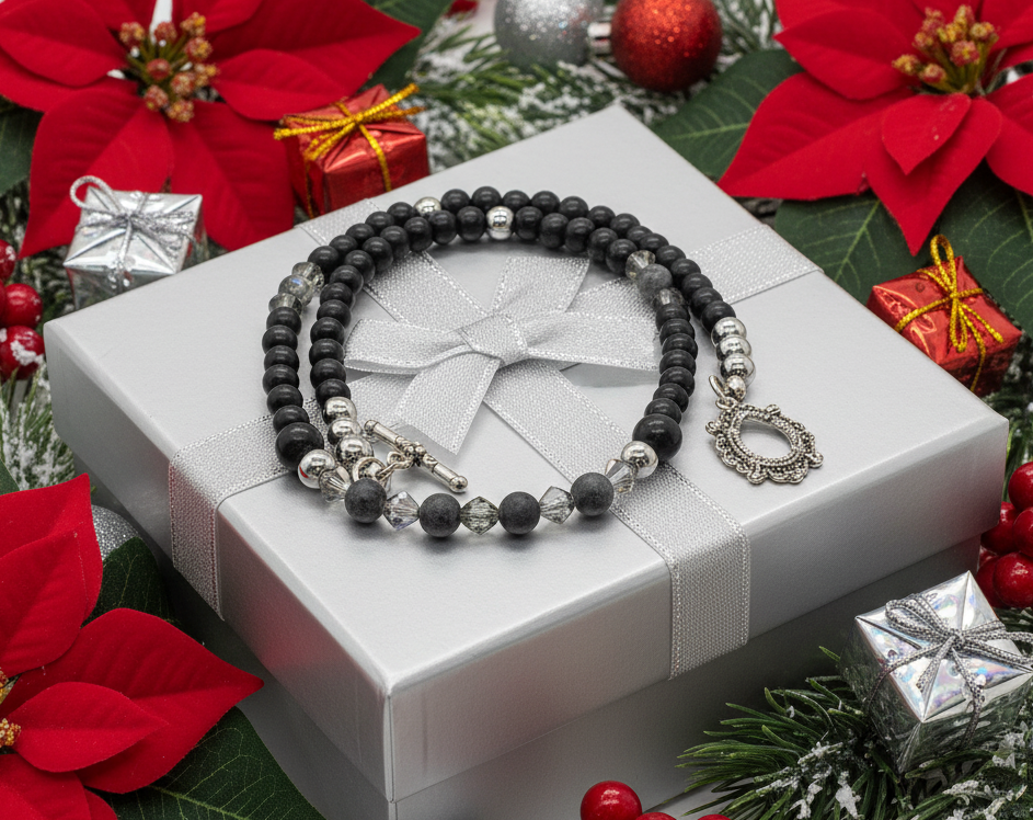 Fabulous Black & Gray Labrador, Black  Onyx and Black Diamond Crystals,_A Beaded Necklace