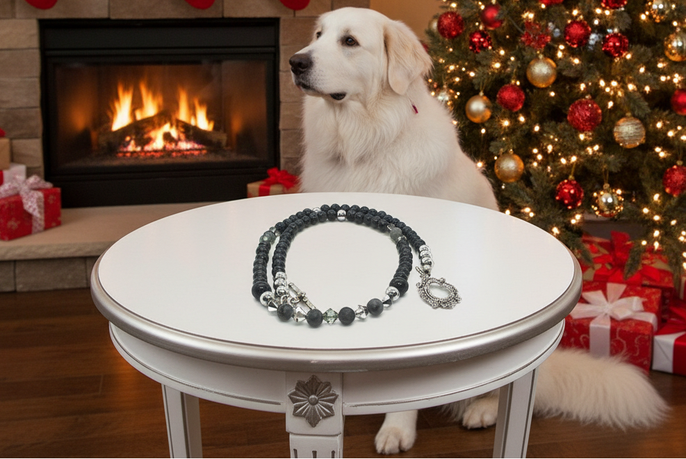 Fabulous Black & Gray Labrador, Black  Onyx and Black Diamond Crystals,_A Beaded Necklace