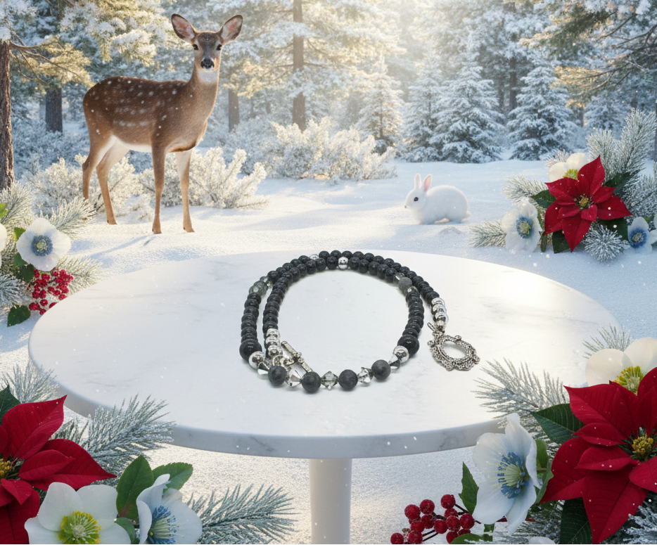 Fabulous Black & Gray Labrador, Black  Onyx and Black Diamond Crystals,_A Beaded Necklace