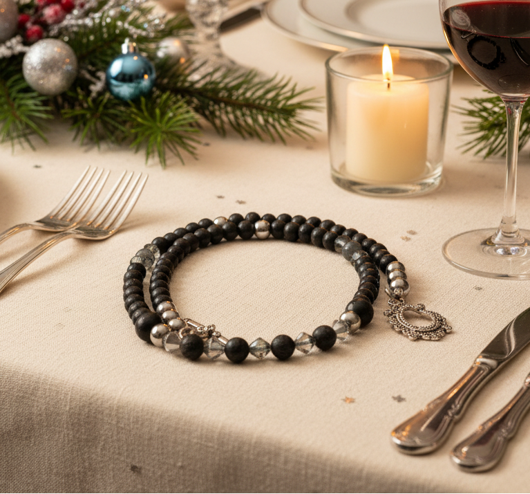 Fabulous Black & Gray Labrador, Black  Onyx and Black Diamond Crystals,_A Beaded Necklace