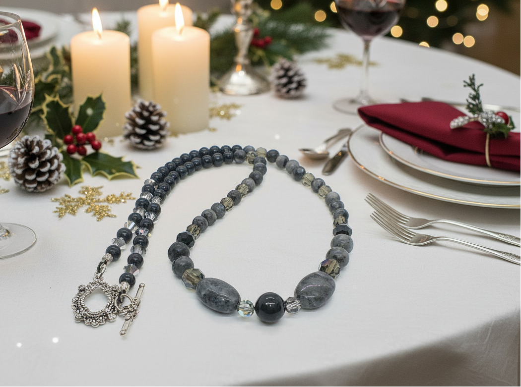 Fabulous Black & Gray Labrador, Black Onyx and Black Diamond Crystals, Semi-precious, Beaded Necklace B-handcrafted by Artistry Jewelry