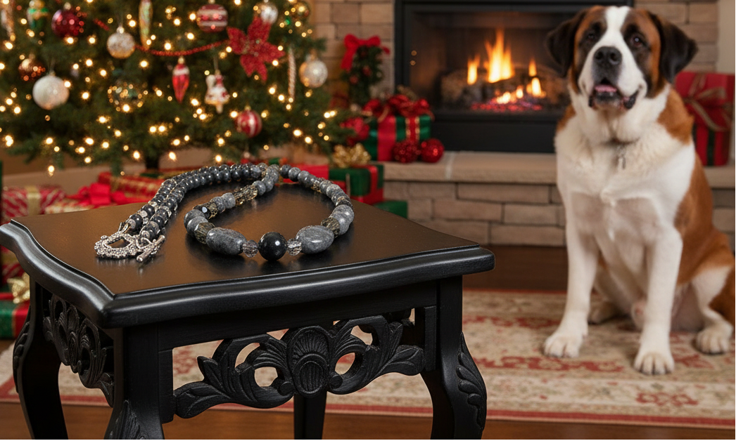 Fabulous Black & Gray Labrador, Black Onyx and Black Diamond Crystals, Semi-precious, Beaded Necklace B-handcrafted by Artistry Jewelry
