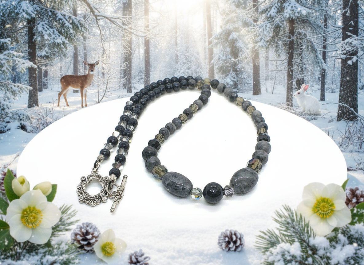 Fabulous Black & Gray Labrador, Black Onyx and Black Diamond Crystals, Semi-precious, Beaded Necklace B-handcrafted by Artistry Jewelry