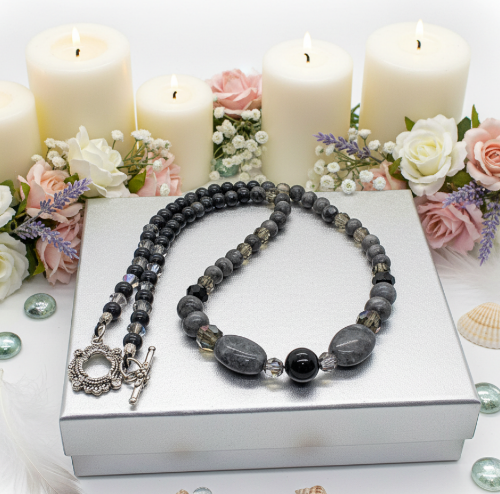 Fabulous Black & Gray Labrador, Black Onyx and Black Diamond Crystals, Semi-precious, Beaded Necklace B-handcrafted by Artistry Jewelry