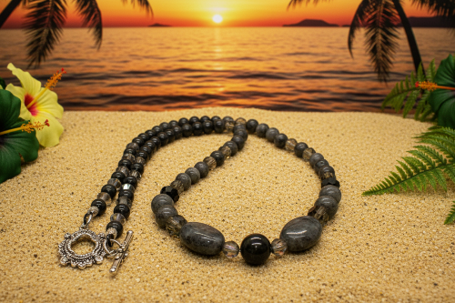 Fabulous Black & Gray Labrador, Black Onyx and Black Diamond Crystals, Semi-precious, Beaded Necklace B-handcrafted by Artistry Jewelry