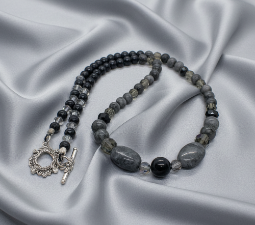 Fabulous Black & Gray Labrador, Black Onyx and Black Diamond Crystals, Semi-precious, Beaded Necklace B-handcrafted by Artistry Jewelry