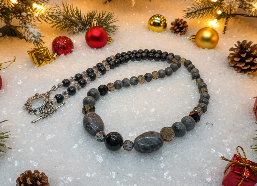 Fabulous Black & Gray Labrador, Black Onyx and Black Diamond Crystals, Semi-precious, Beaded Necklace B-handcrafted by Artistry Jewelry