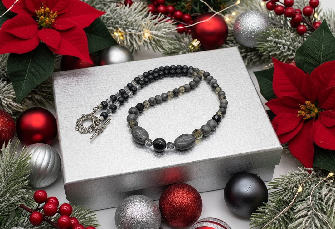 Fabulous Black & Gray Labrador, Black Onyx and Black Diamond Crystals, Semi-precious, Beaded Necklace B-handcrafted by Artistry Jewelry