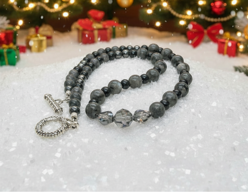 Gorgeous Black Diamond Crystal, Labradorite, Silver Hematite, and Baroque beads, Beaded Necklace - handcrafted by Artistry Jewelry