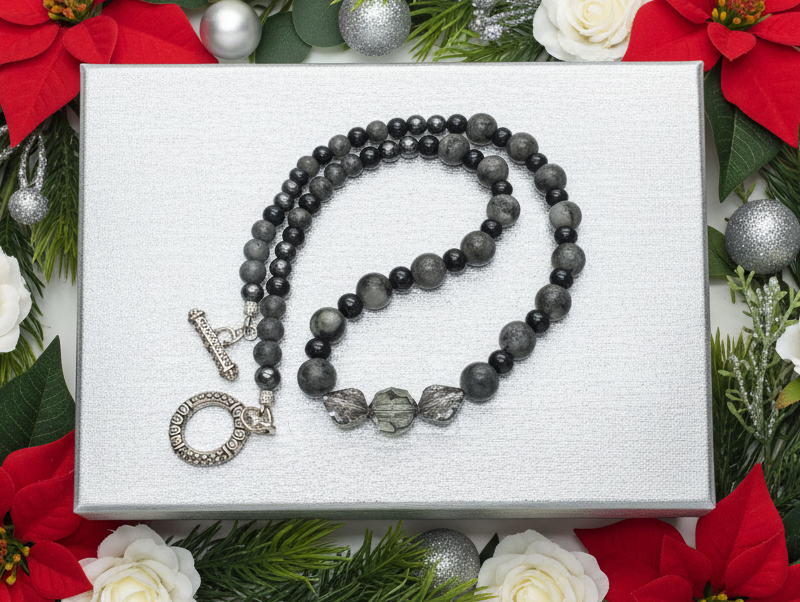 Gorgeous Black Diamond Crystal, Labradorite, Silver Hematite, and Baroque beads, Beaded Necklace - handcrafted by Artistry Jewelry