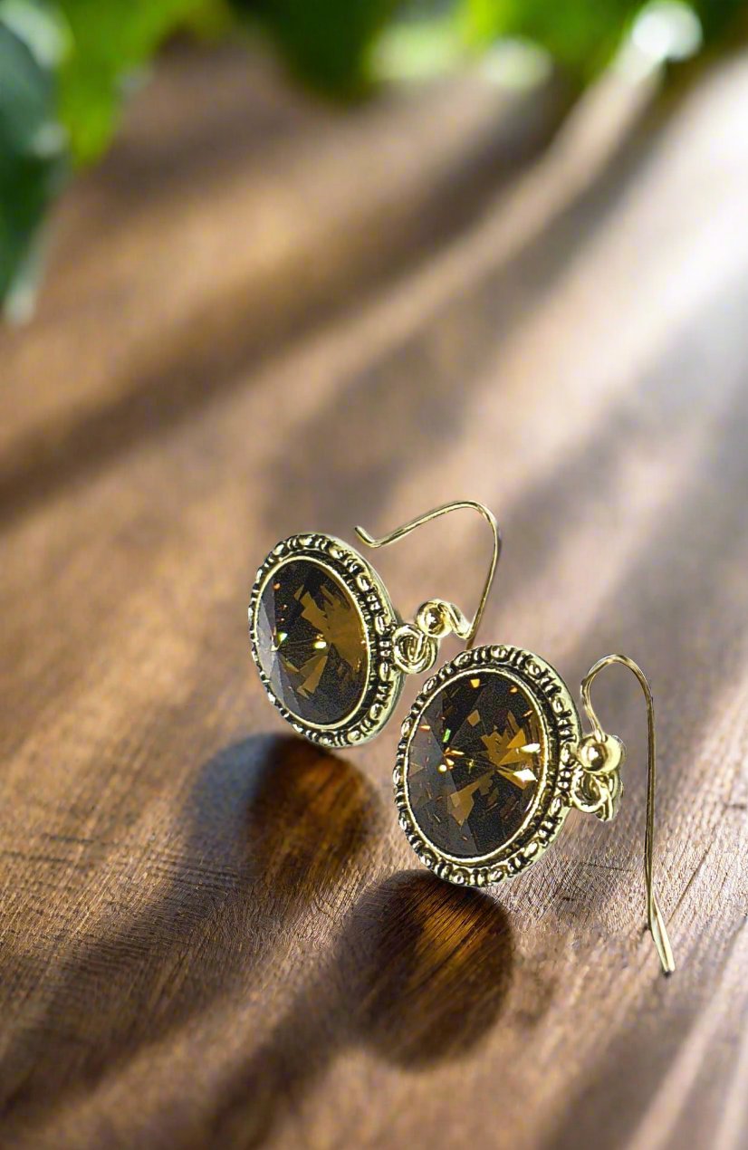 Lovely Smokey Topaz, Rivoli, Gold Drop Earrings- by Artistry Jewelry