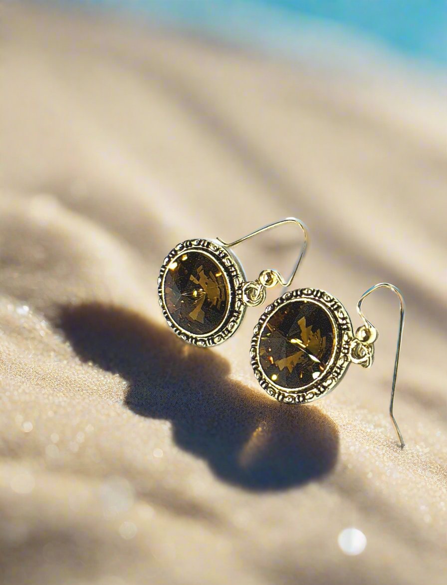 Lovely Smokey Topaz, Rivoli, Gold Drop Earrings- by Artistry Jewelry