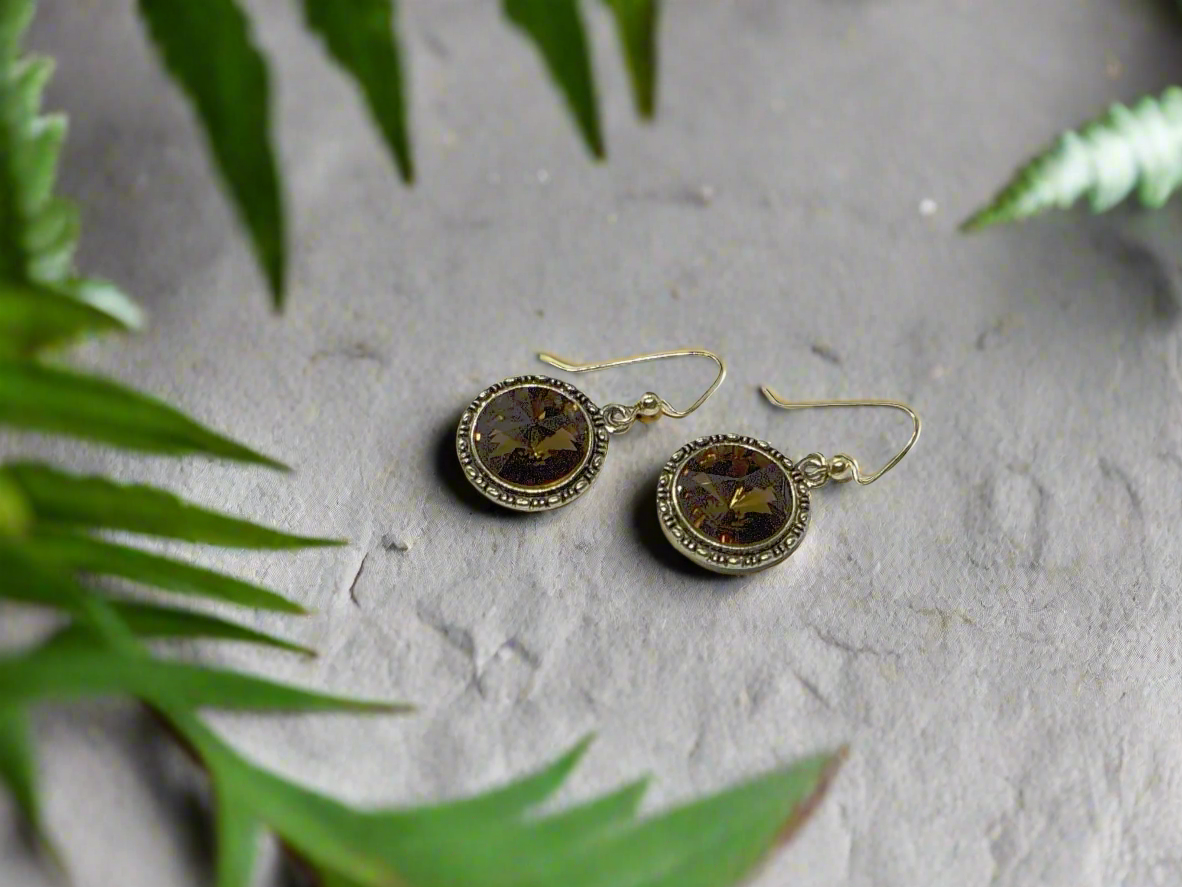 Lovely Smokey Topaz, Rivoli, Gold Drop Earrings- by Artistry Jewelry