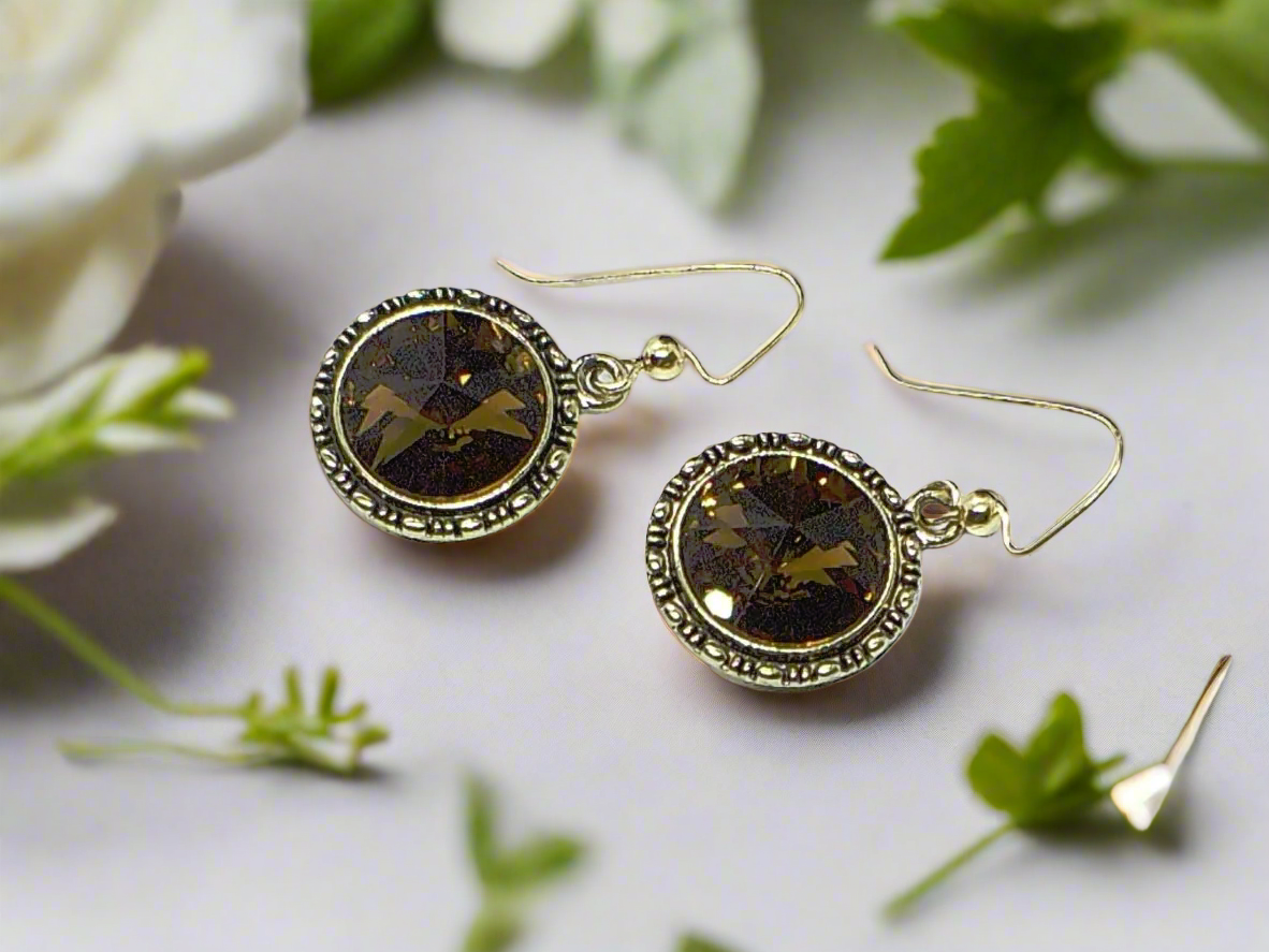 Lovely Smokey Topaz, Rivoli, Gold Drop Earrings- by Artistry Jewelry