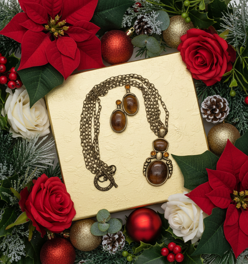 Marvelous Antique Brown and Orange Pendant, Steel Chain Necklace Set, One-of-a-Kind-by Artistry Jewelry