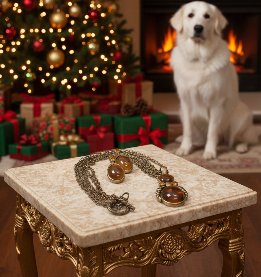 Marvelous Antique Brown and Orange Pendant, Steel Chain Necklace Set, One-of-a-Kind-by Artistry Jewelry