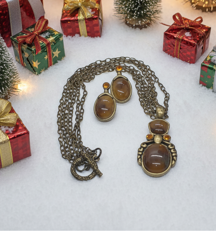 Marvelous Antique Brown and Orange Pendant, Steel Chain Necklace Set, One-of-a-Kind-by Artistry Jewelry