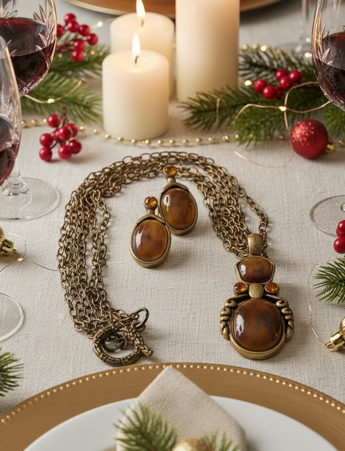 Marvelous Antique Brown and Orange Pendant, Steel Chain Necklace Set, One-of-a-Kind-by Artistry Jewelry