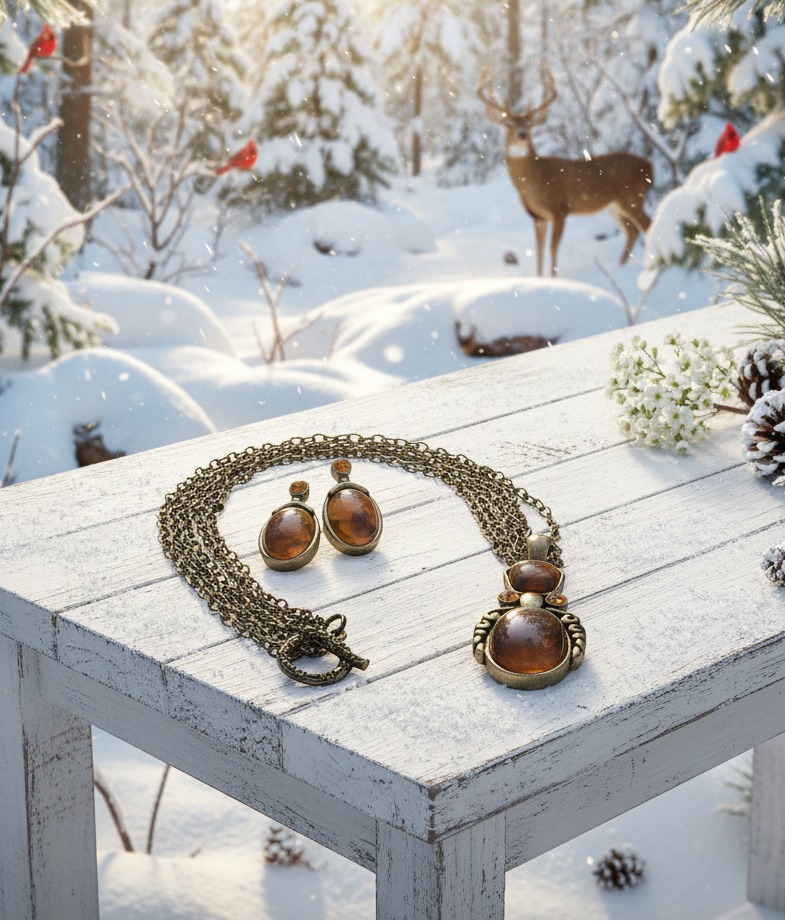 Marvelous Antique Brown and Orange Pendant, Steel Chain Necklace Set, One-of-a-Kind-by Artistry Jewelry