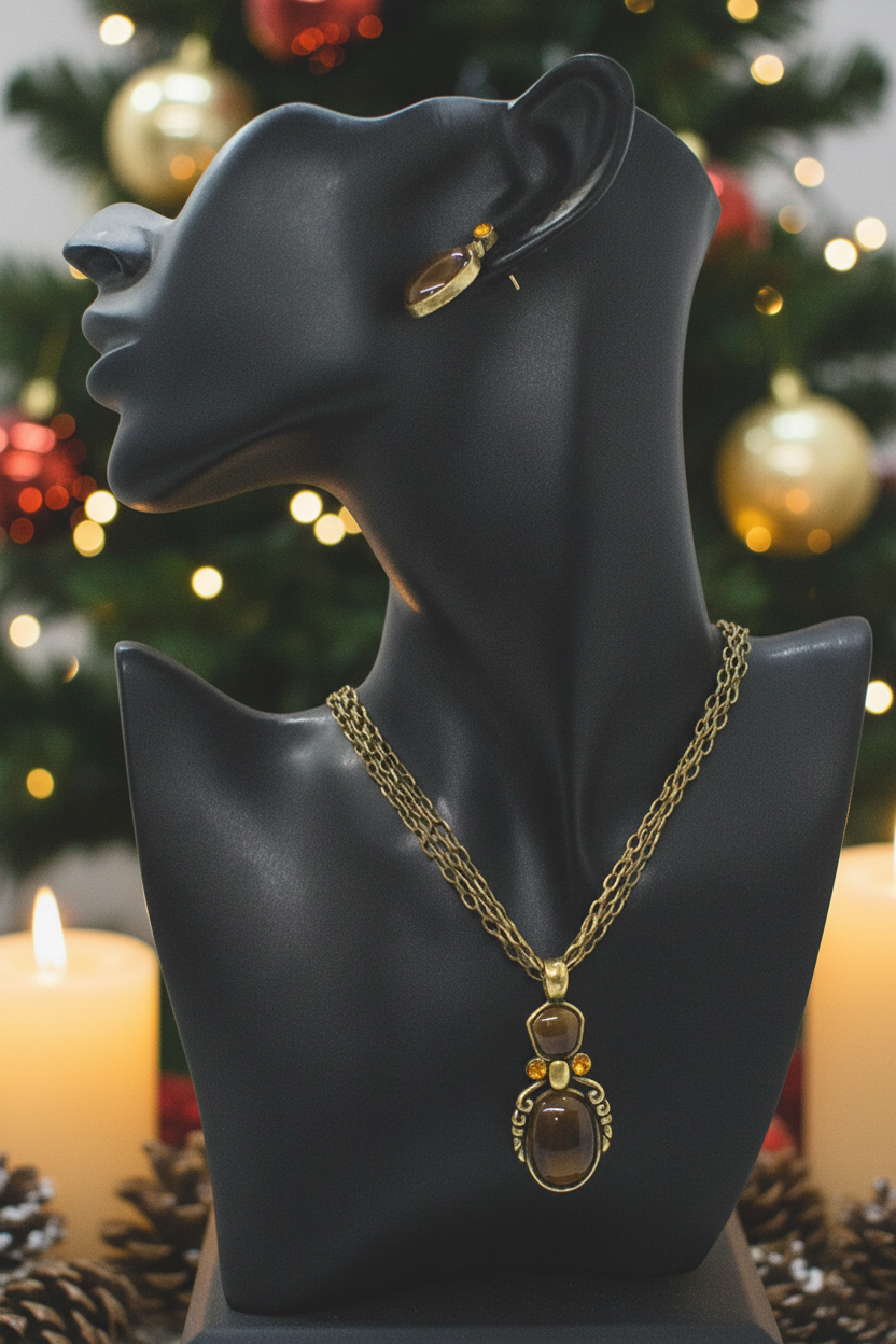 Marvelous Antique Brown and Orange Pendant, Steel Chain Necklace Set, One-of-a-Kind-by Artistry Jewelry